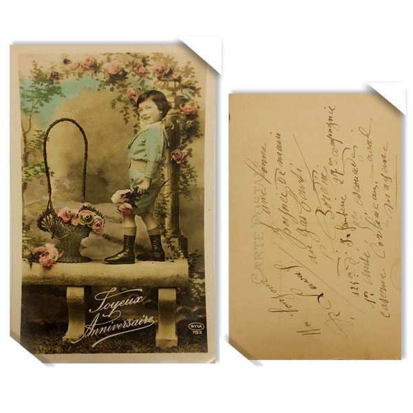 프랑스 빈티지 오래된 옛날 엽서 - 꽃과소년(뒷면 글)