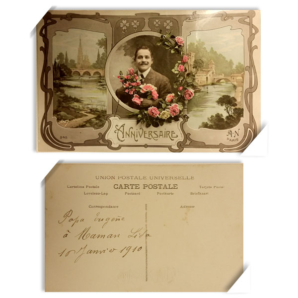 프랑스 빈티지 오래된 옛날 엽서 - 꽃과신사(뒷면 글)