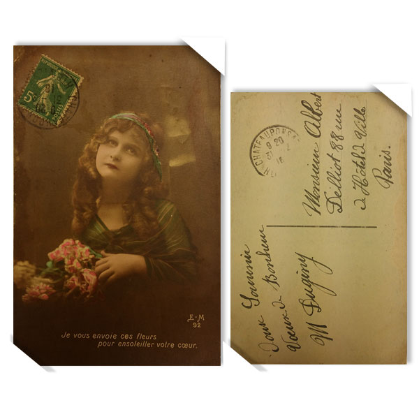 프랑스 빈티지 오래된 옛날 엽서 - 생각하는소녀(뒷면 글)