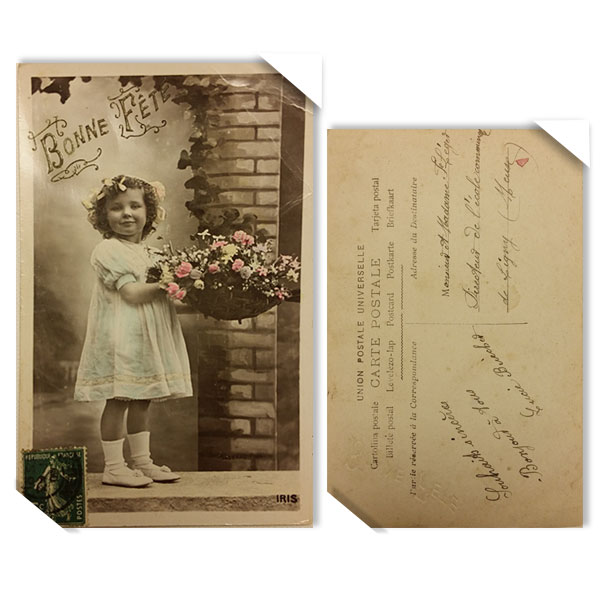 프랑스 빈티지 오래된 옛날 엽서 - 소녀와꽃(뒷면 글)